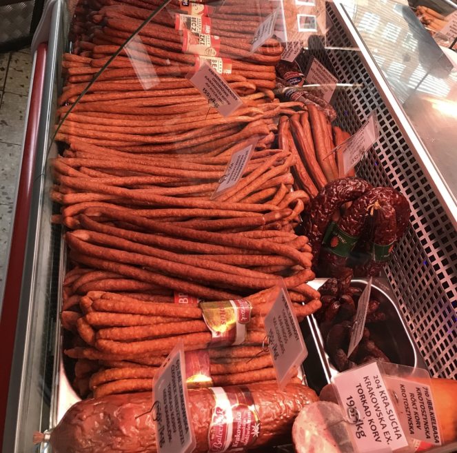 A store case of kielbasa